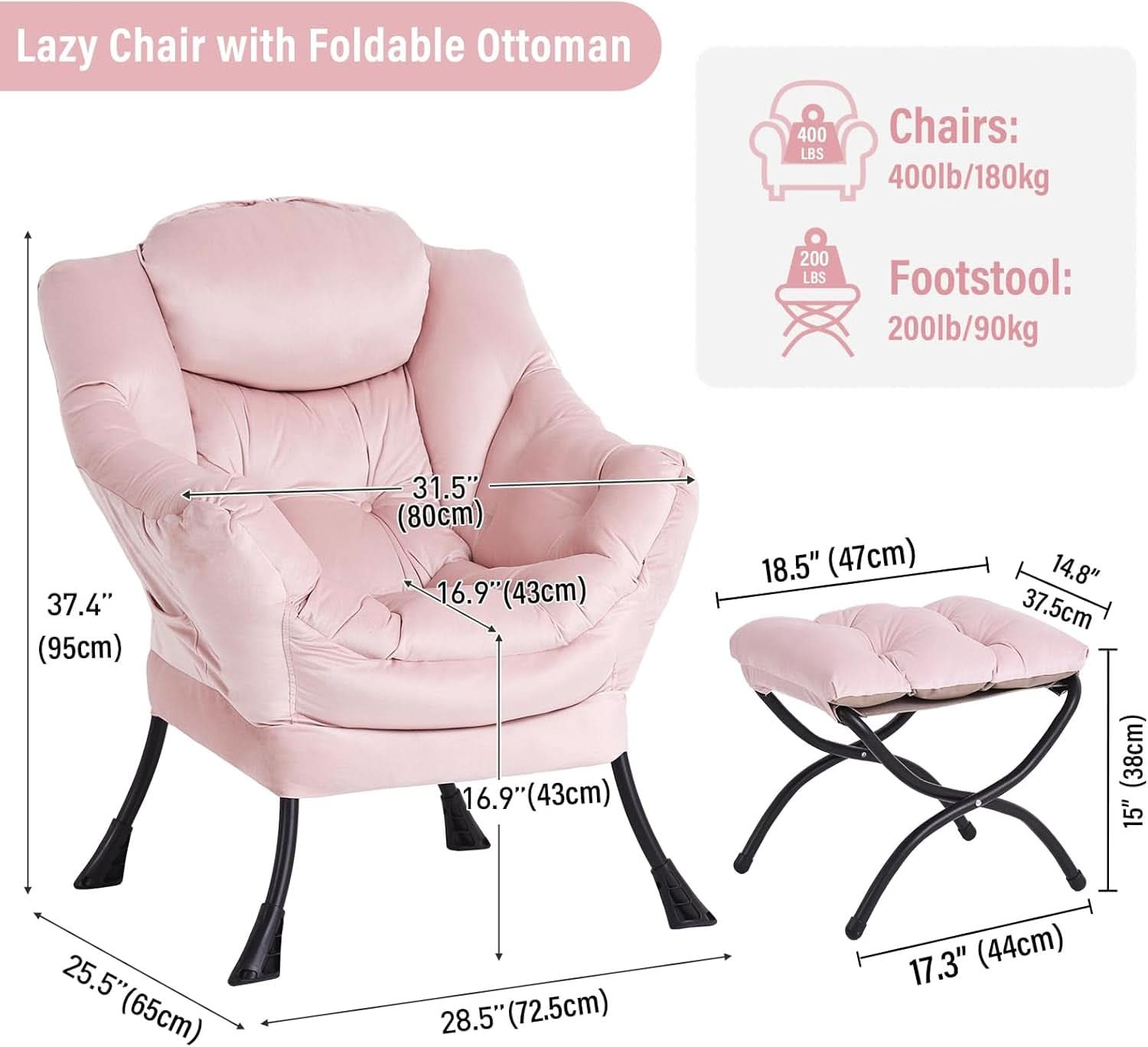 Pink Velvet Lounge Chair With Folding Footrest Ottoman