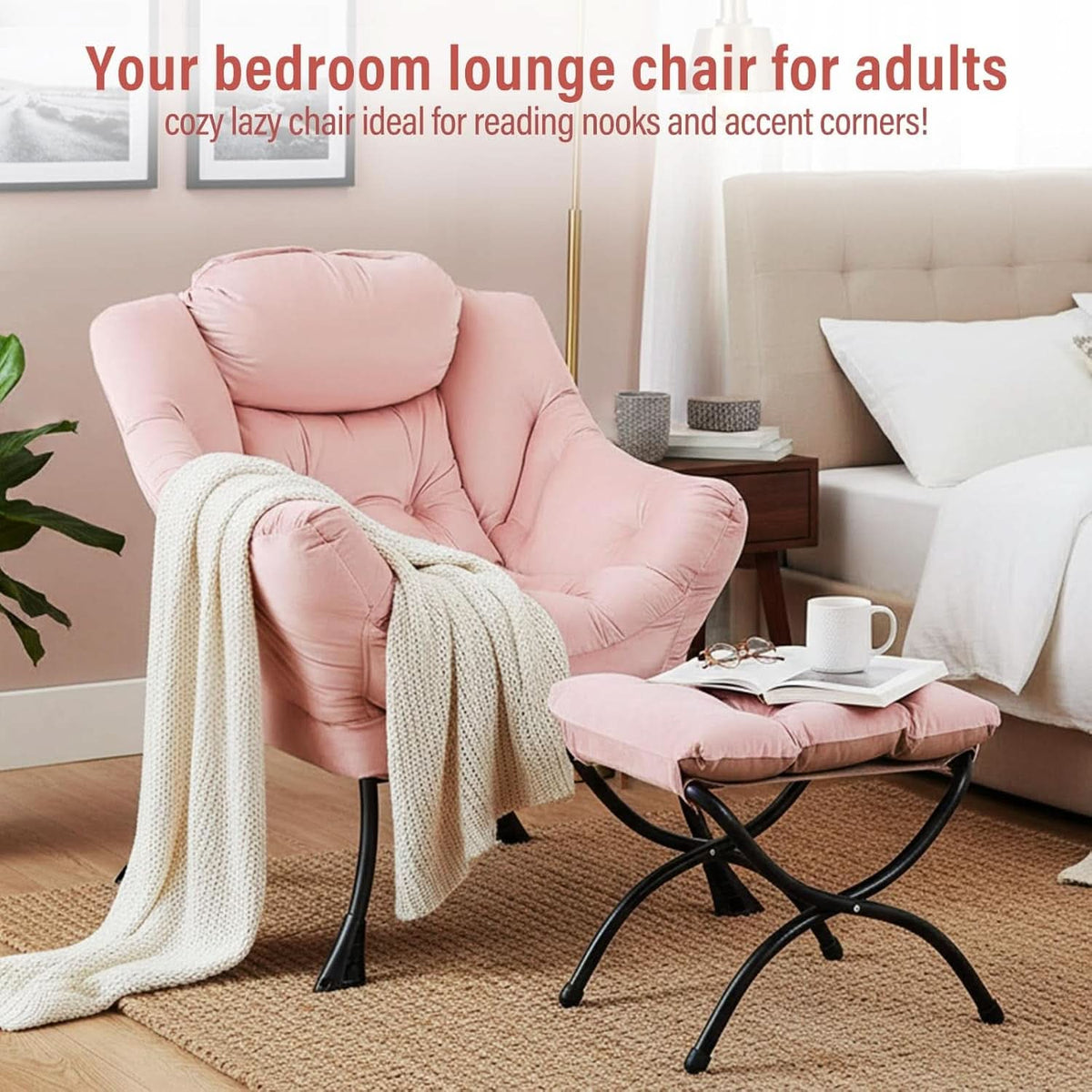Pink Velvet Lounge Chair With Folding Footrest Ottoman