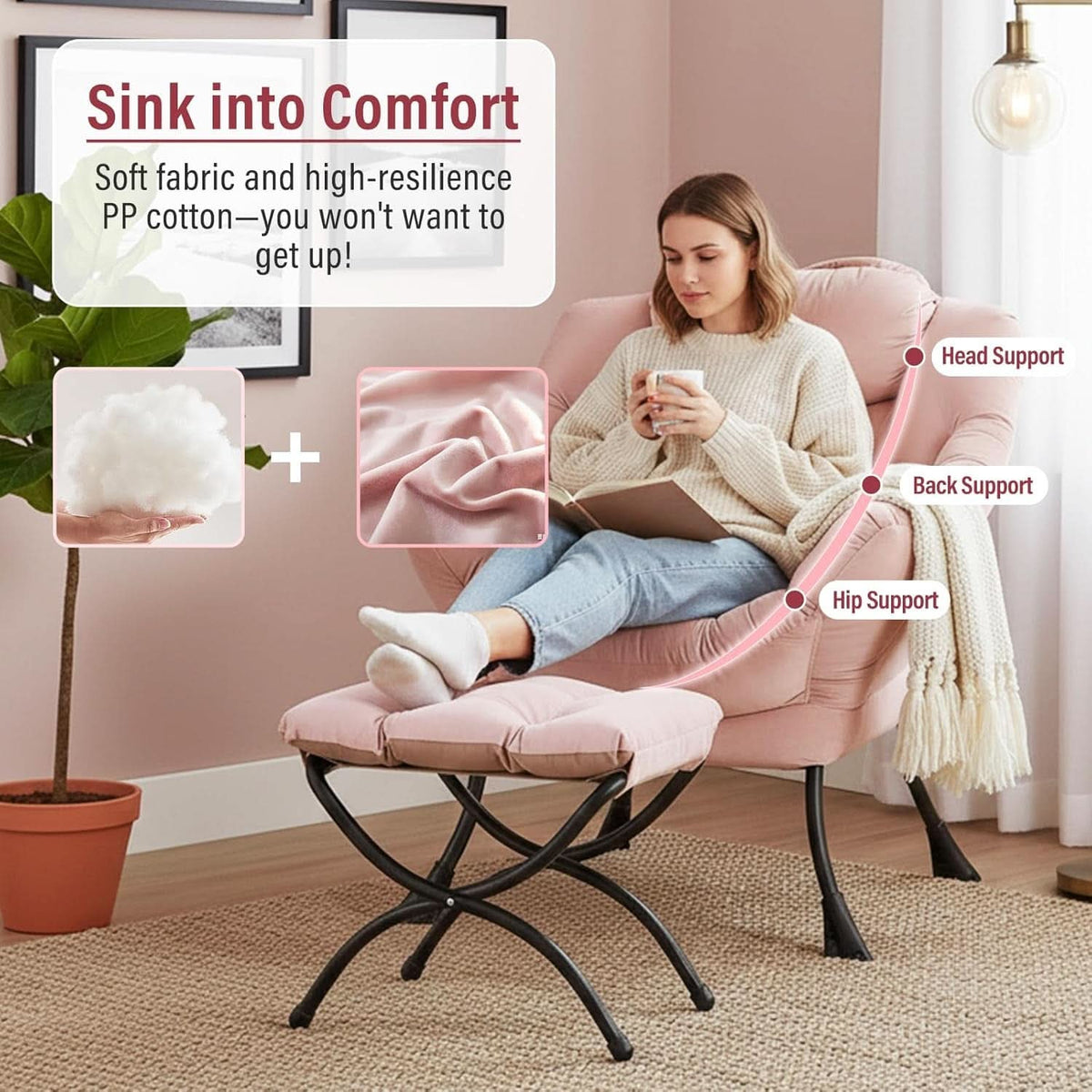 Pink Velvet Lounge Chair With Folding Footrest Ottoman