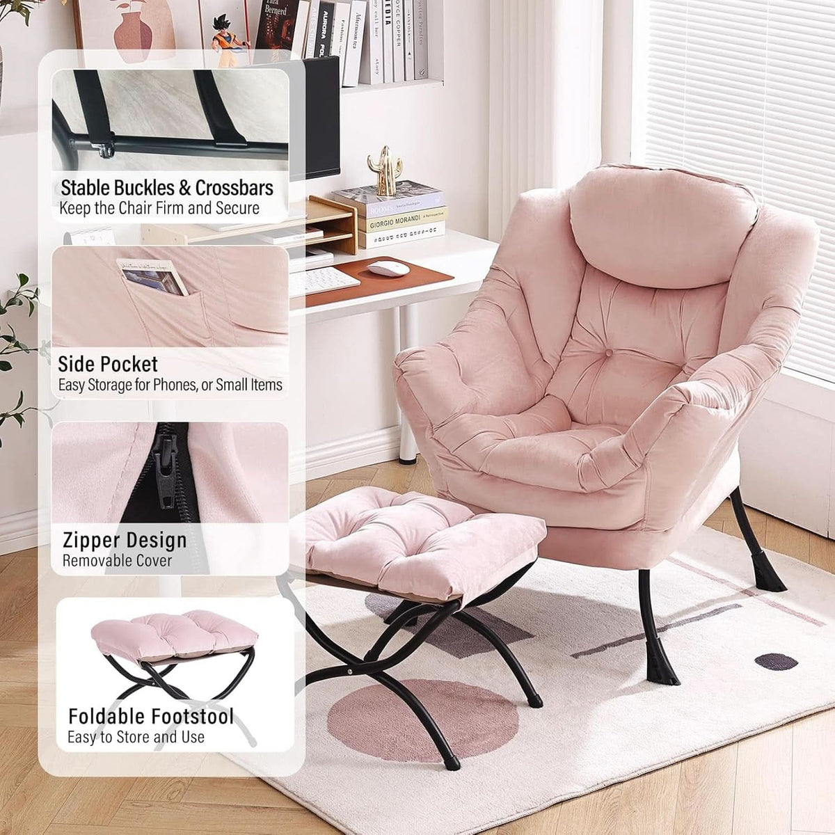 Pink Velvet Lounge Chair With Folding Footrest Ottoman