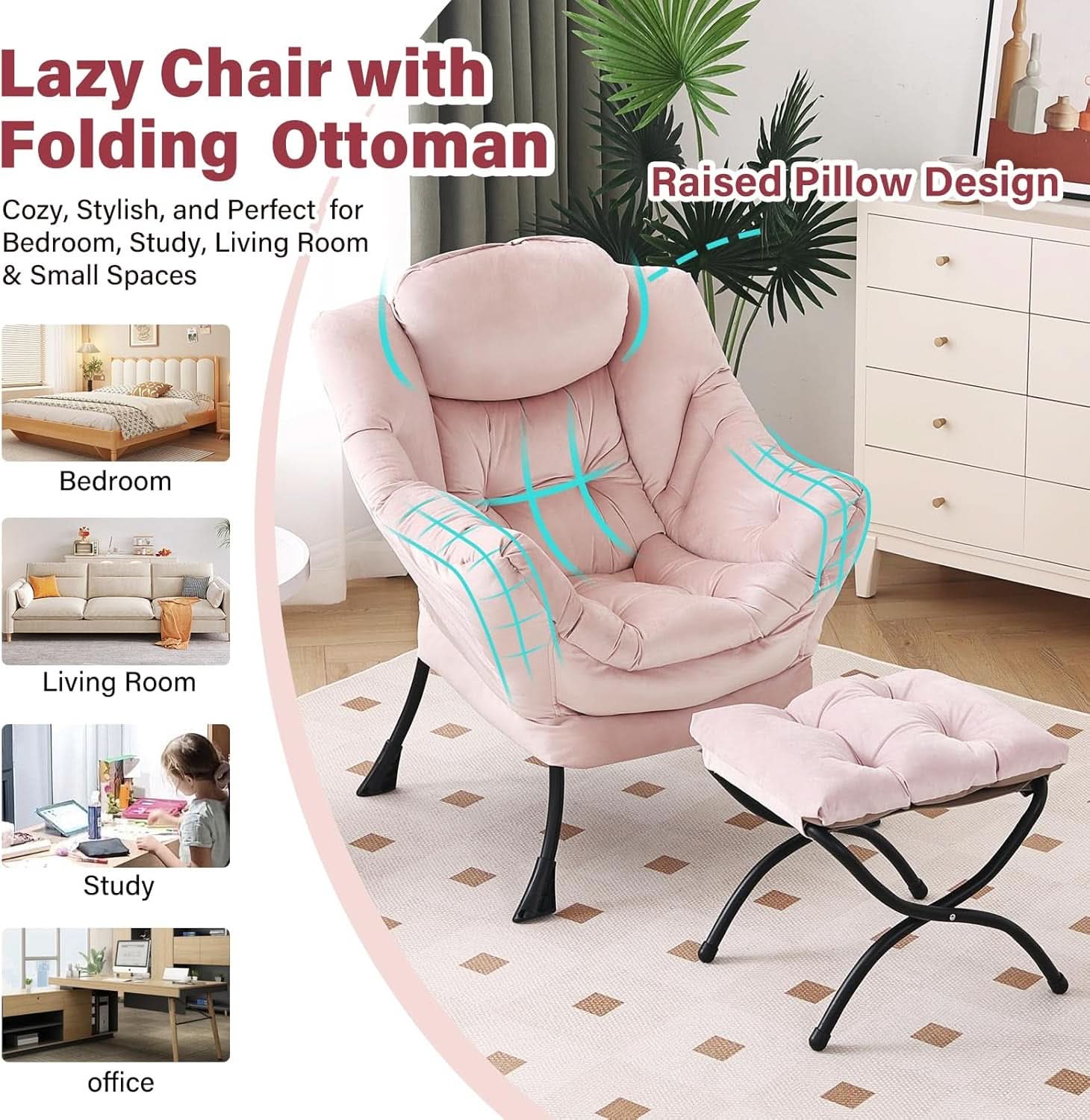 Pink Velvet Lounge Chair With Folding Footrest Ottoman