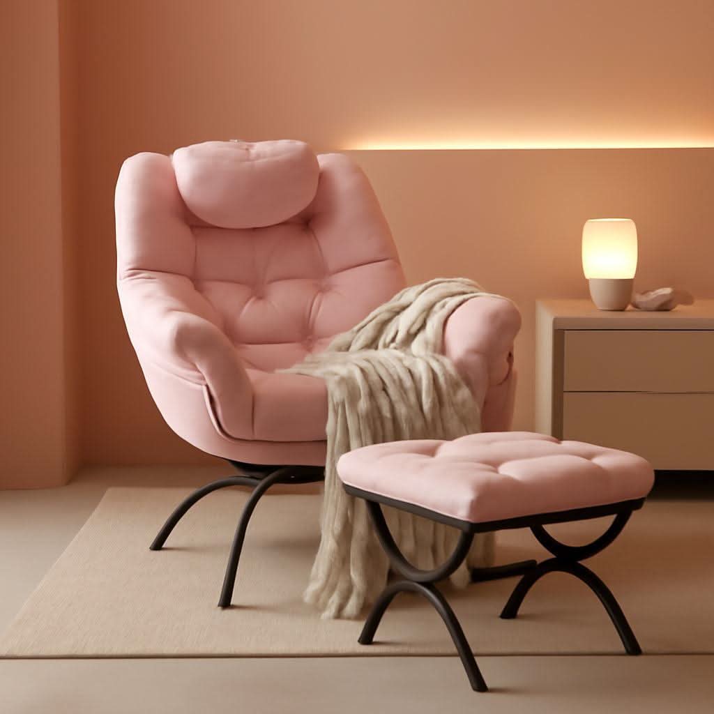 Pink Velvet Lounge Chair With Folding Footrest Ottoman