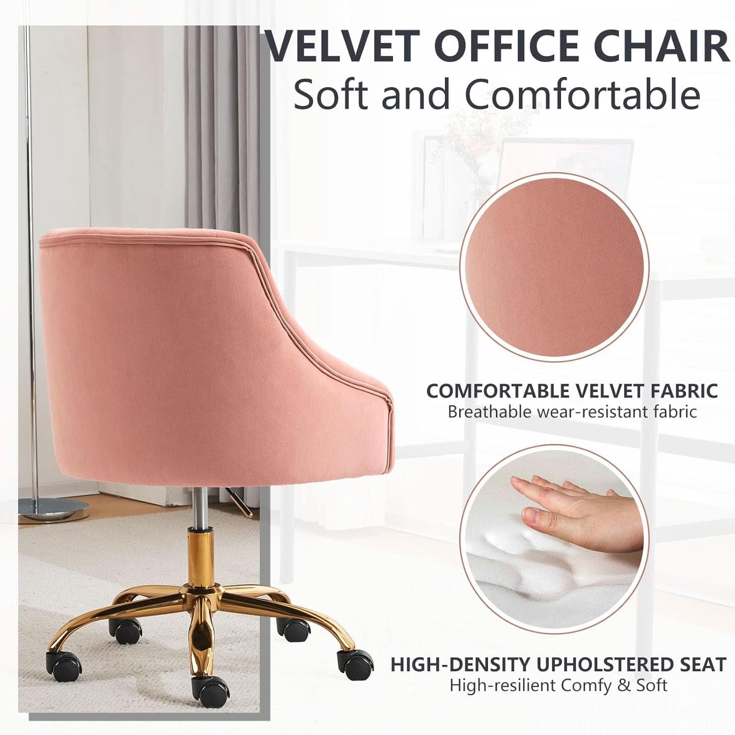 Pink Velvet Office Chair 360 Swivel Modern Desk Chair