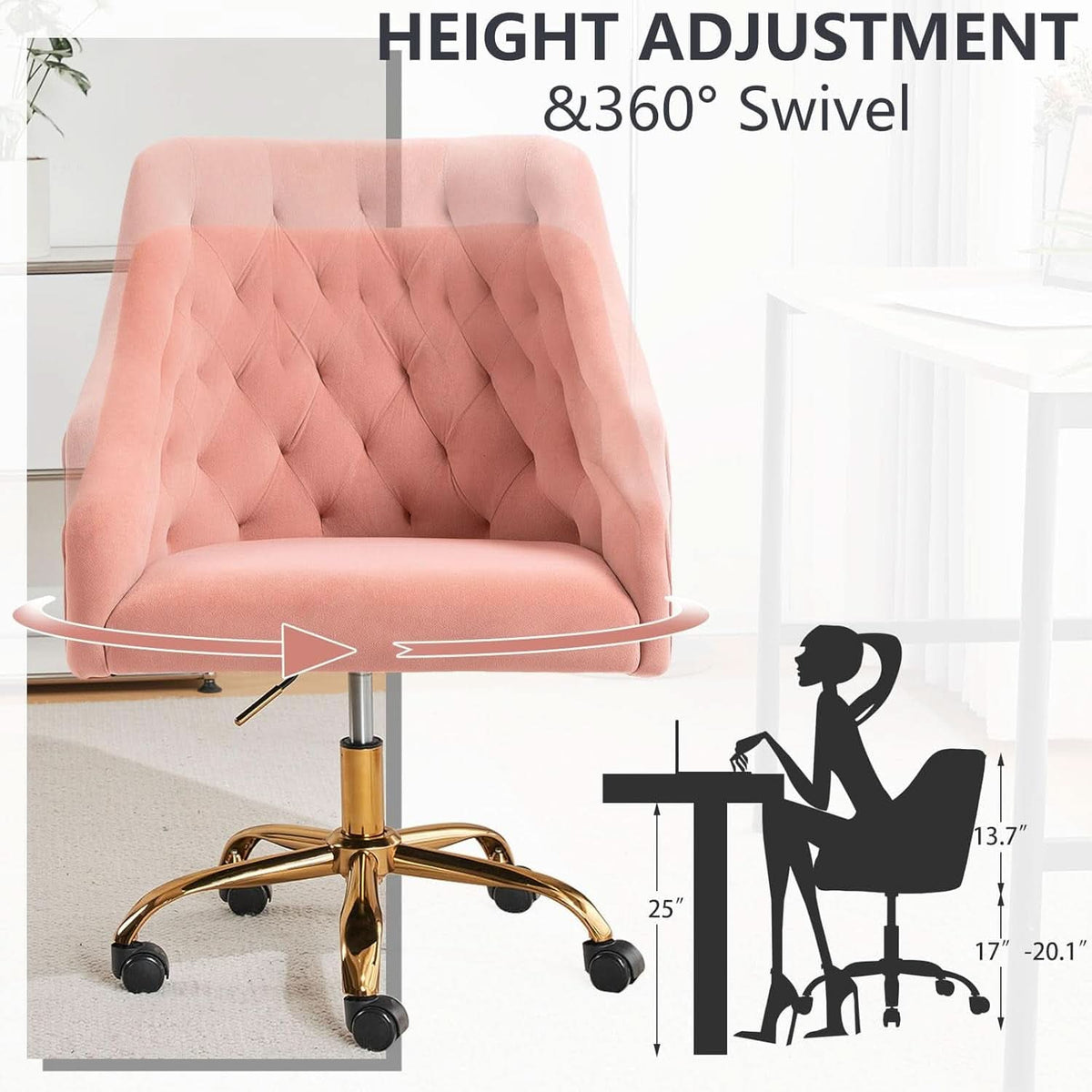 Pink Velvet Office Chair 360 Swivel Modern Desk Chair