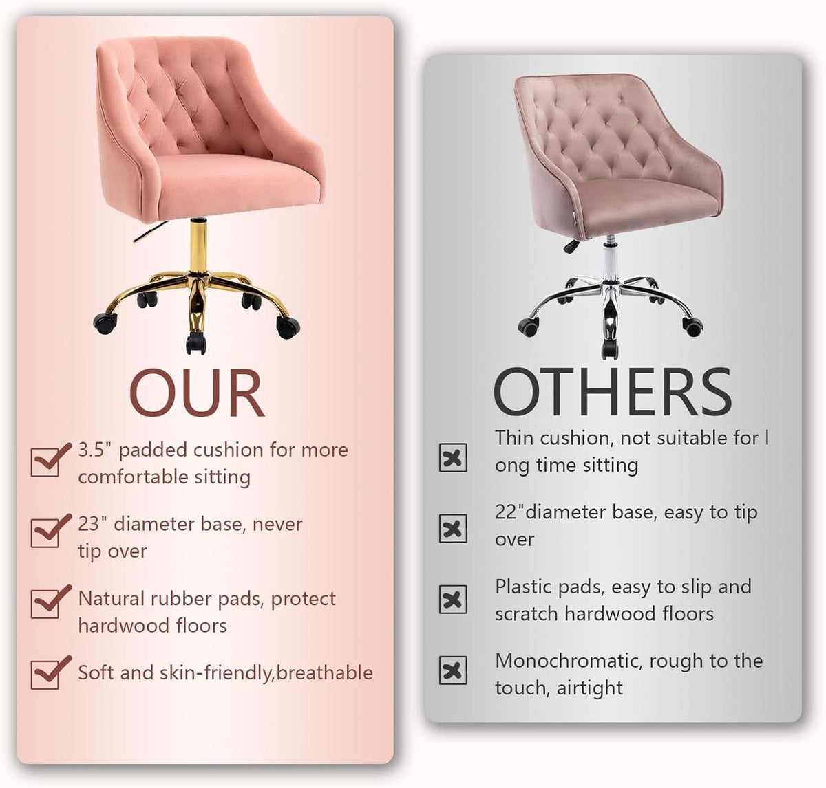 Pink Velvet Office Chair 360 Swivel Modern Desk Chair