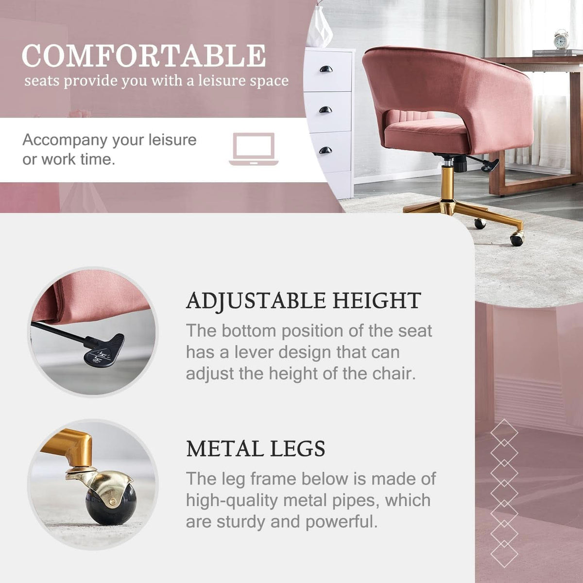 Pink Velvet Swivel Home Office Chair 360 Degree With Gold Base