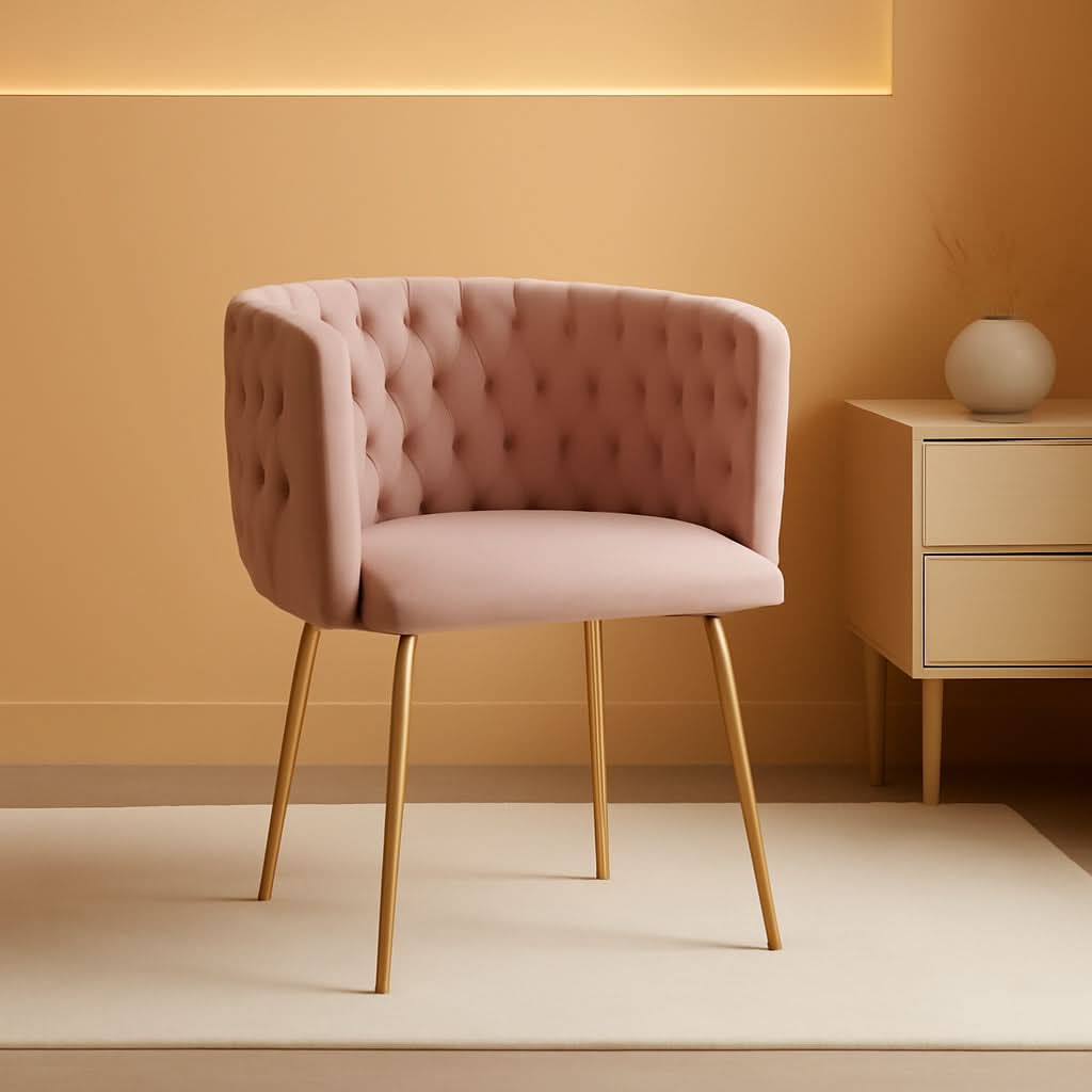 Pink Velvet Tufted Dining Chairs With Gold Metal Legs Set 4