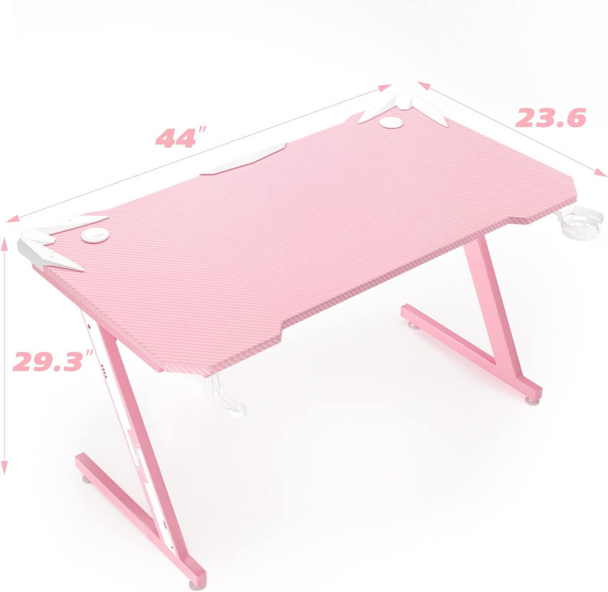 Pink Z Shaped Gaming Desk 44 Inch Carbon Fiber Surface Cup Holder Headphone Hook