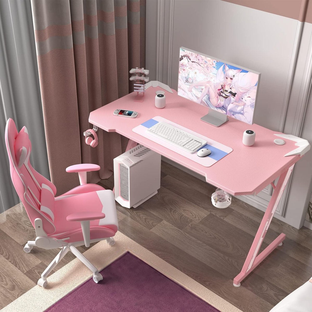 Pink Z Shaped Gaming Desk 44 Inch Carbon Fiber Surface Cup Holder Headphone Hook