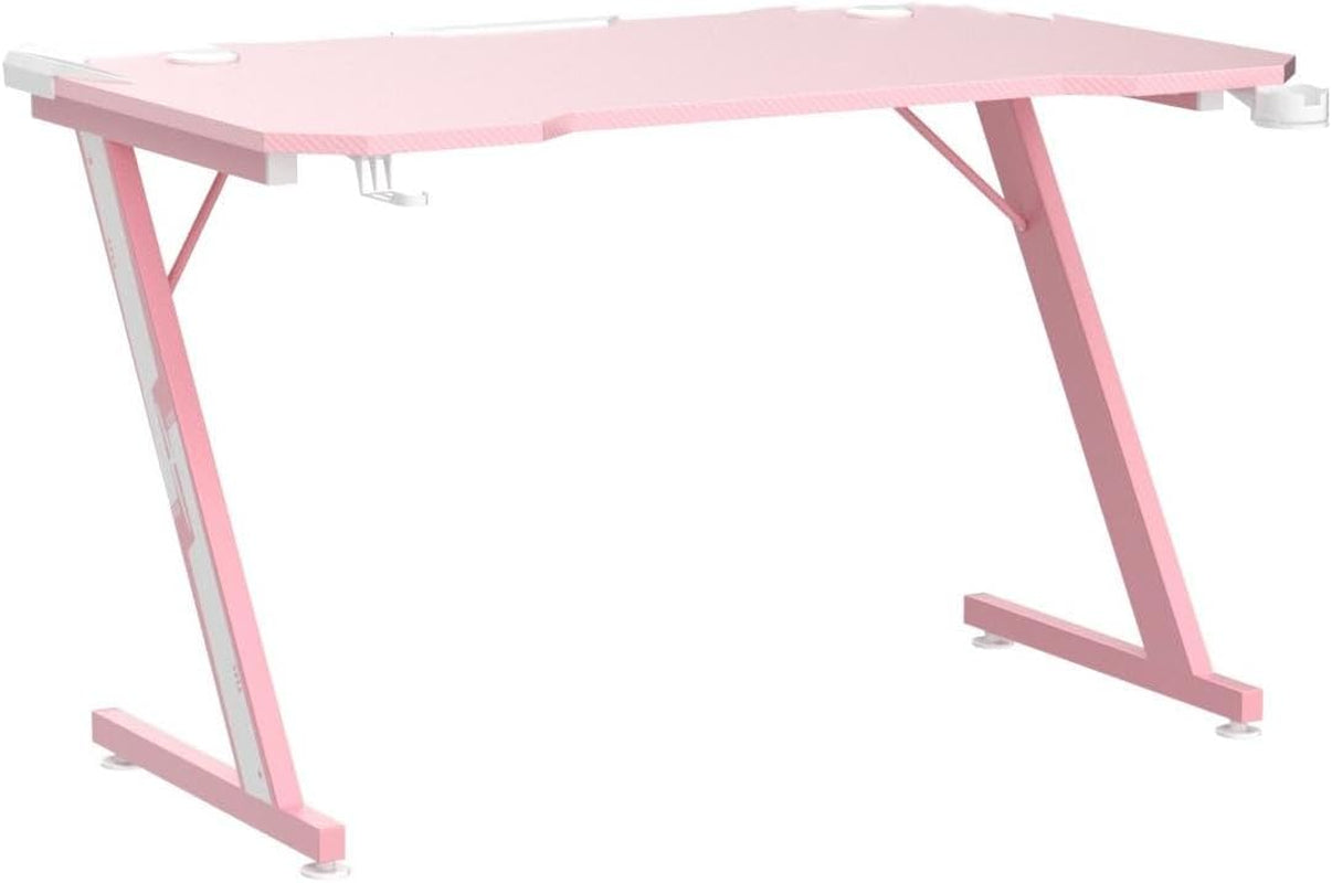 Pink Z Shaped Gaming Desk 44 Inch Carbon Fiber Surface Cup Holder Headphone Hook