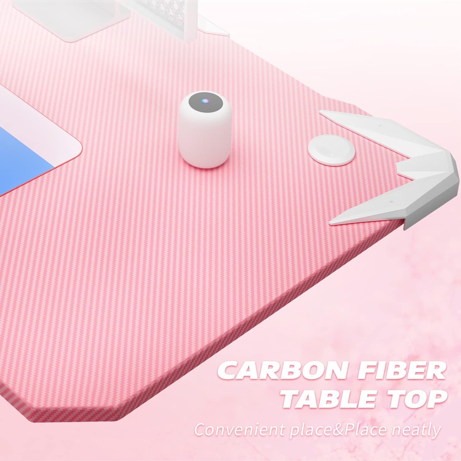 Pink Z Shaped Gaming Desk 44 Inch Carbon Fiber Surface Cup Holder Headphone Hook