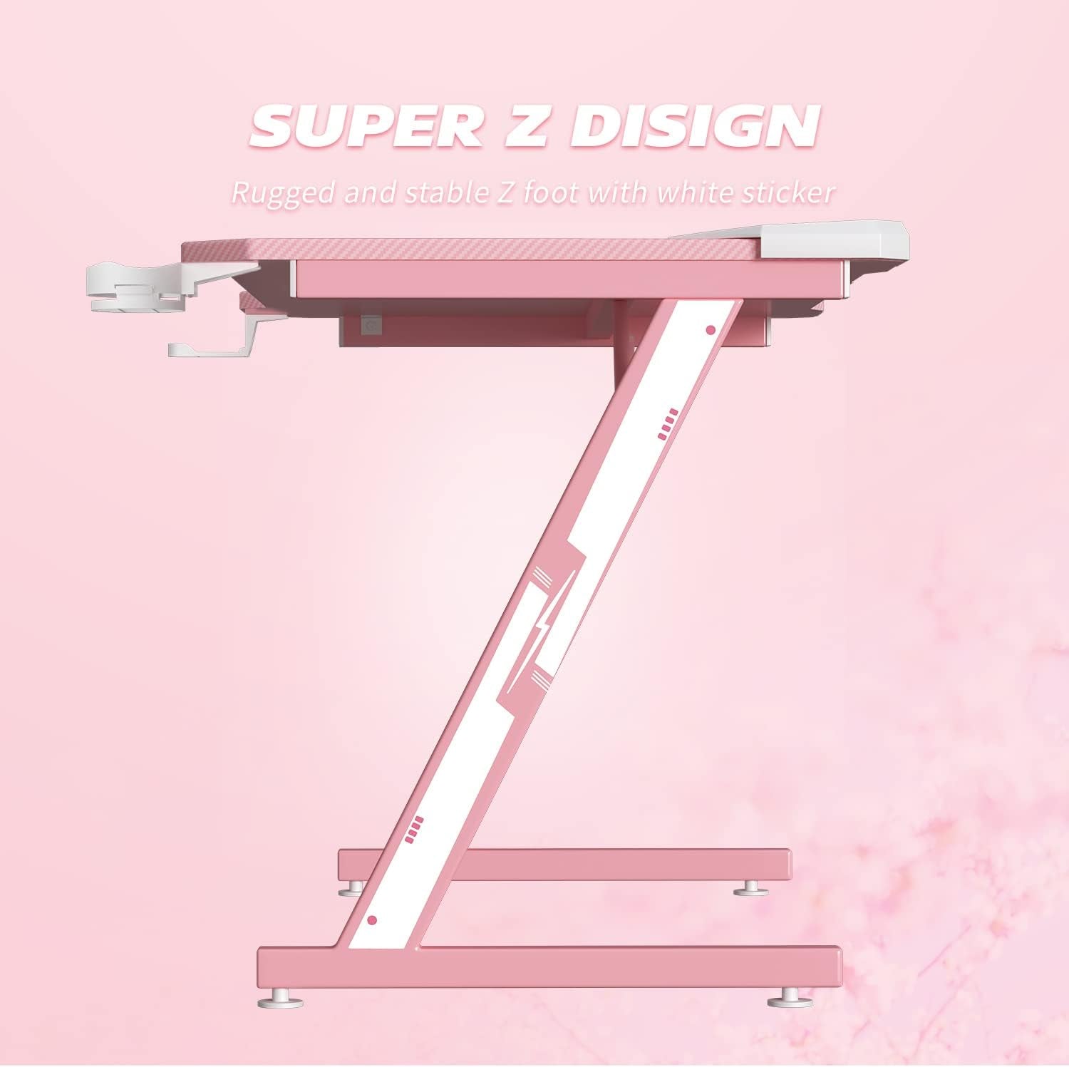 Pink Z Shaped Gaming Desk 44 Inch Carbon Fiber Surface Cup Holder Headphone Hook