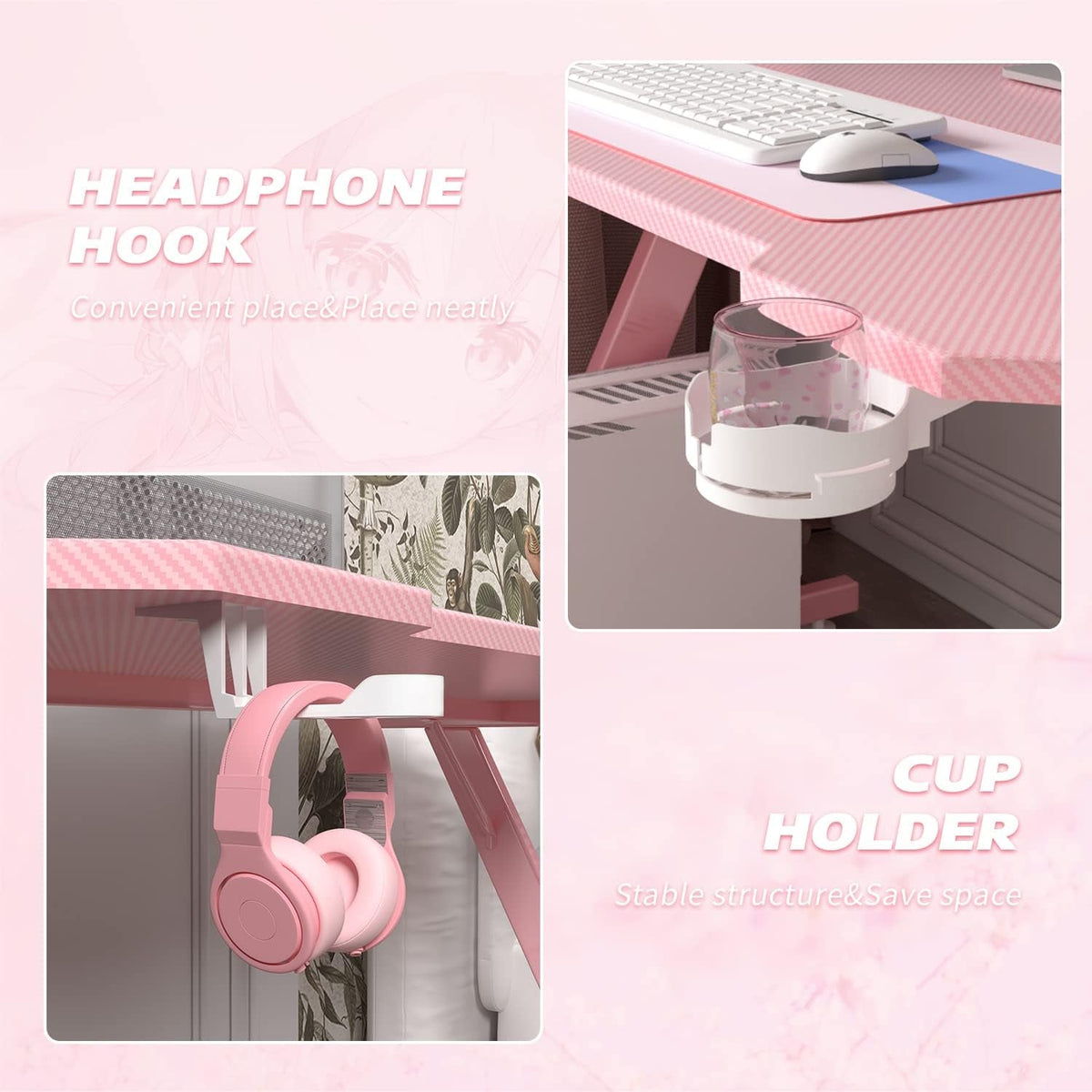 Pink Z Shaped Gaming Desk 44 Inch Carbon Fiber Surface Cup Holder Headphone Hook