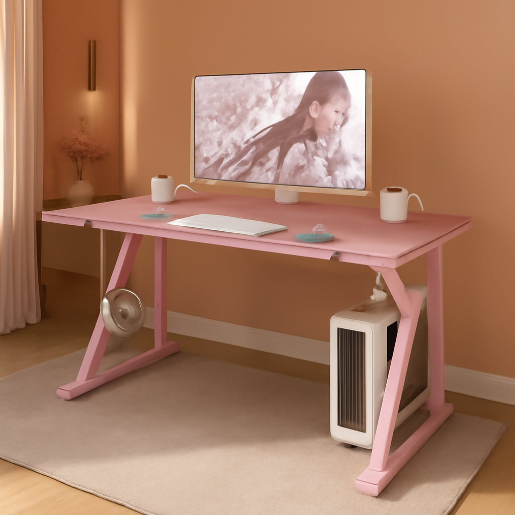 Pink Z Shaped Gaming Desk 44 Inch Carbon Fiber Surface Cup Holder Headphone Hook