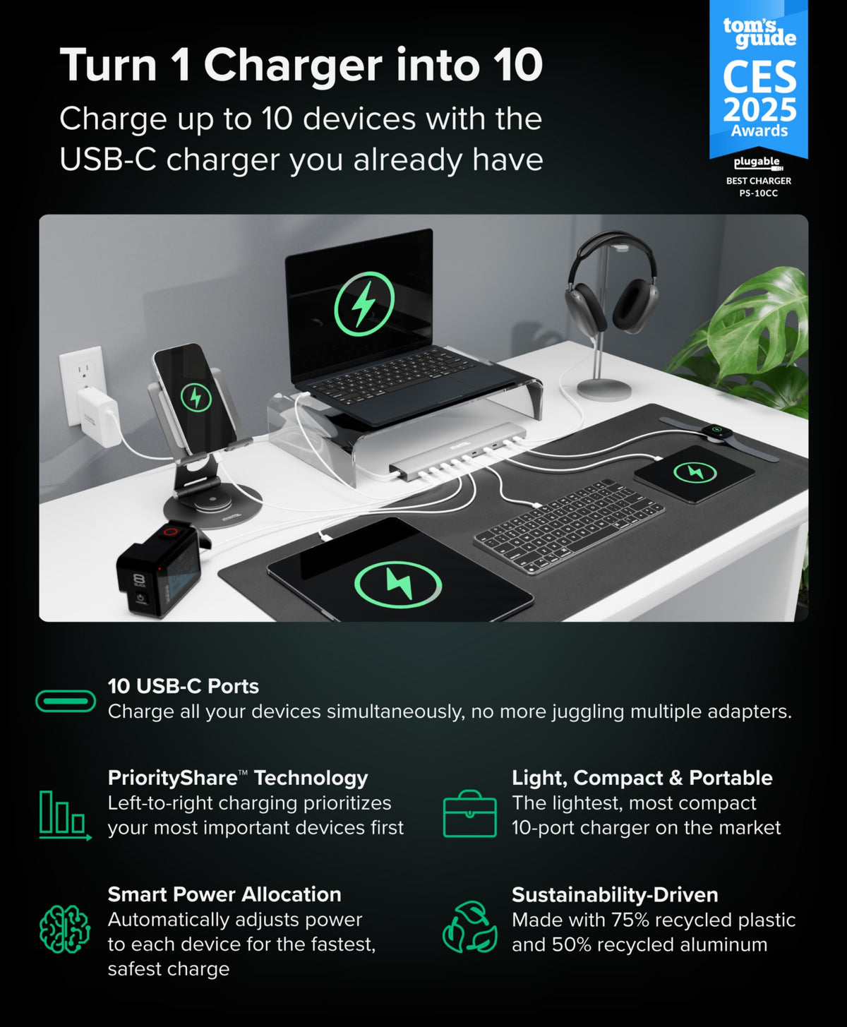 Plugable 10-Port USB-C Charging Station 100W Fast Charge Hub