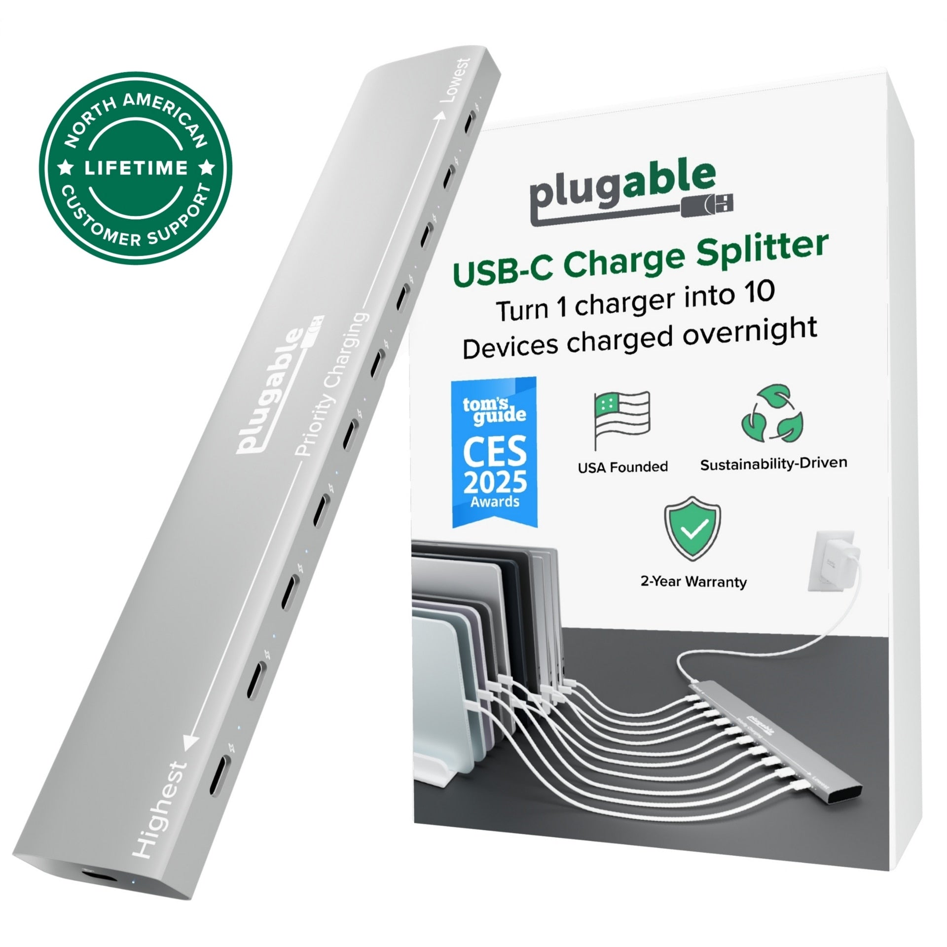 Plugable 10-Port USB-C Charging Station 100W Fast Charge Hub