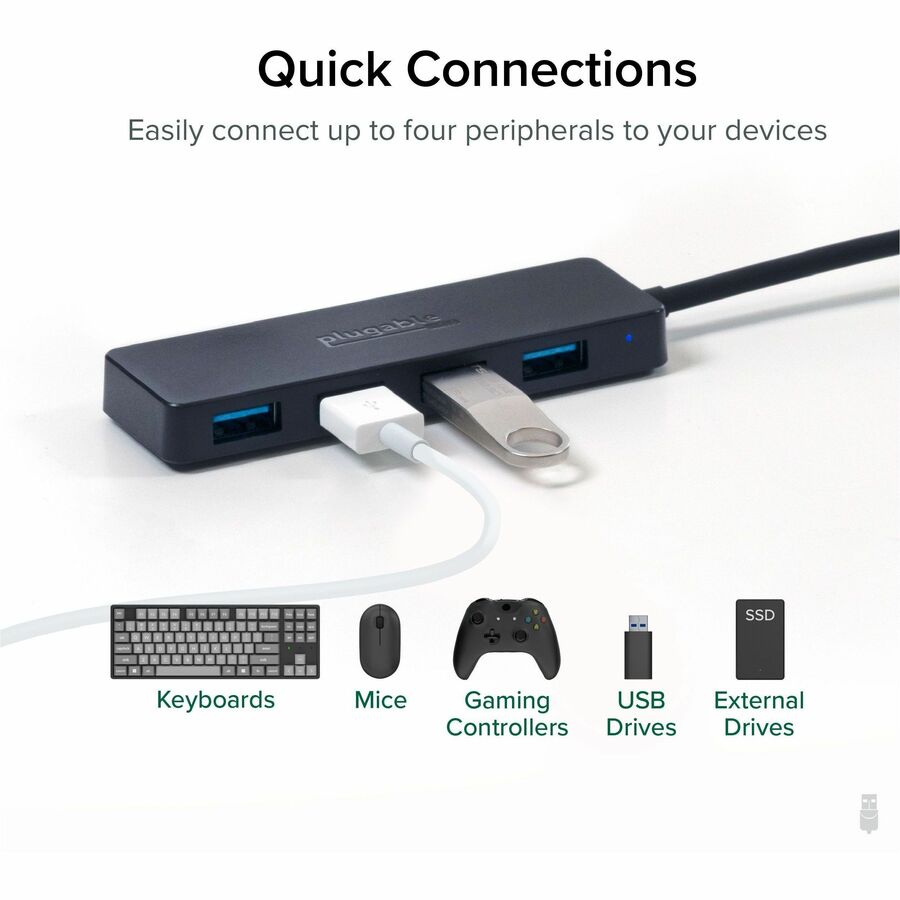 Plugable 4 Port USB Hub 3.0, USB Splitter for Laptop - Compatible with Windows, Surface