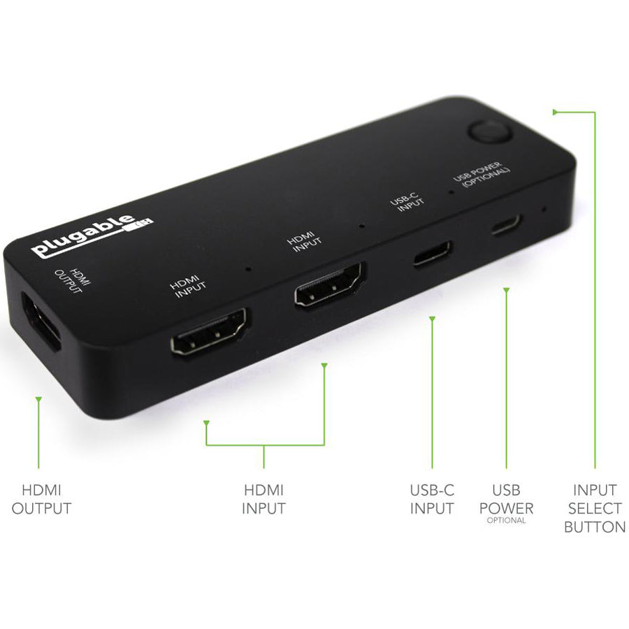 Plugable HDMI 2.0 and USB-C 3 Port Switch with 2 HDMI and 1 USB-C Inputs and Single HDMI 2.0 Output (Supports 2x HDMI 2.0 4K@60Hz Sources and 1x USB C or Thunderbolt 3 Source) HDMI-SC3