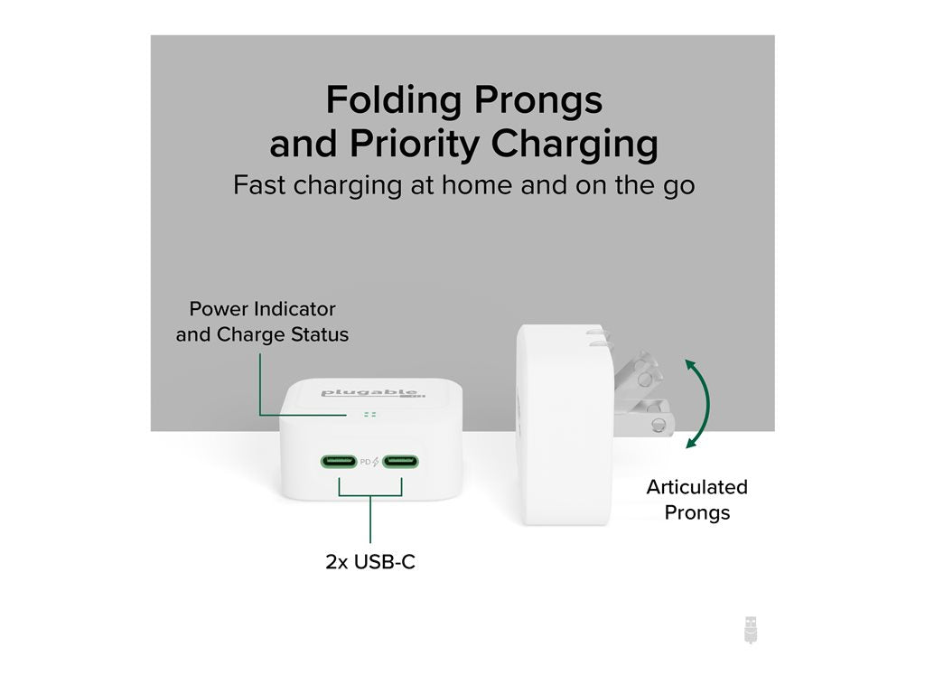 Plugable - Power adapter - 40 Watt - PD - 2 output connectors (24 pin USB-C) - white PS-40C2W