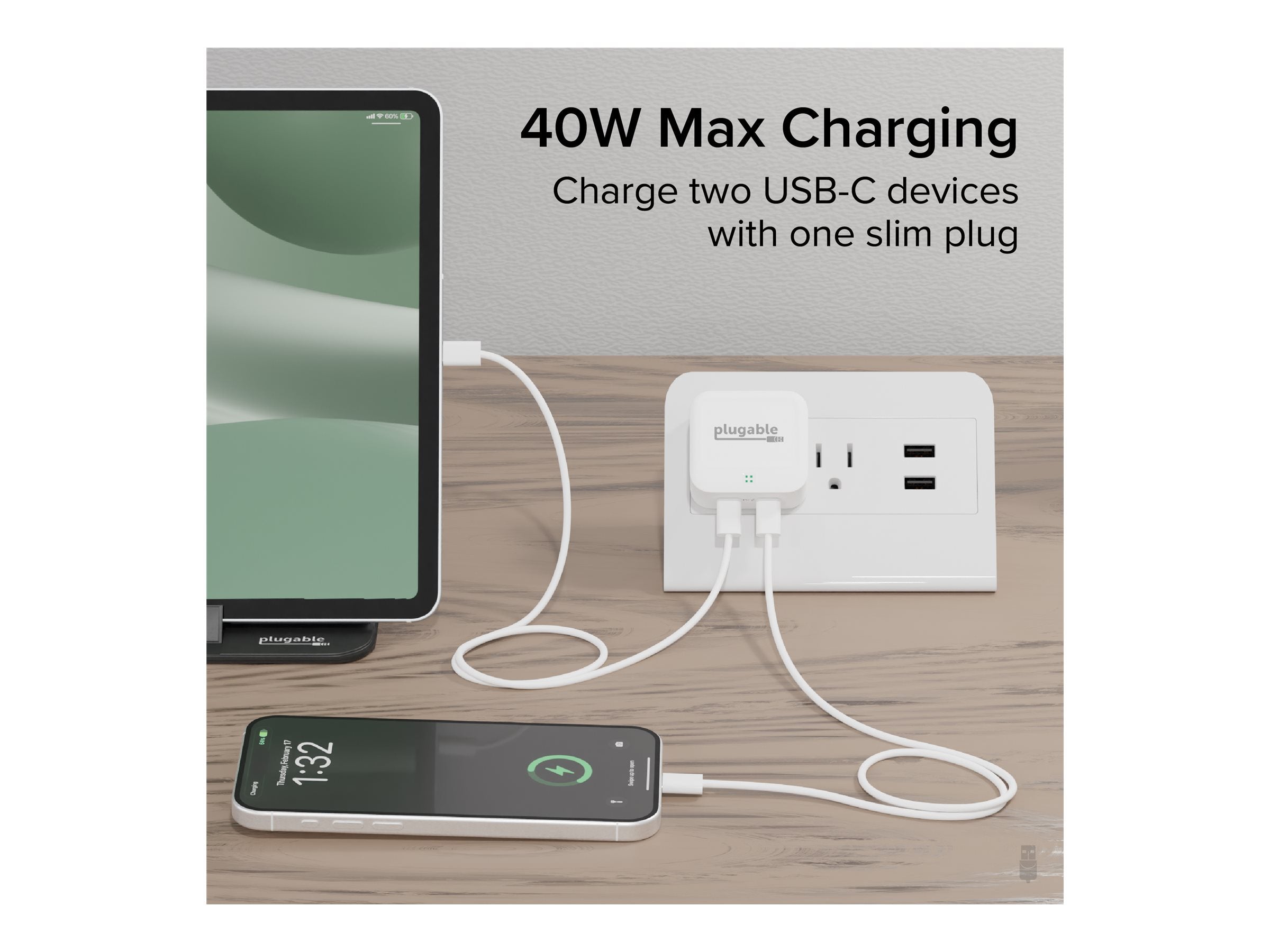 Plugable - Power adapter - 40 Watt - PD - 2 output connectors (24 pin USB-C) - white PS-40C2W