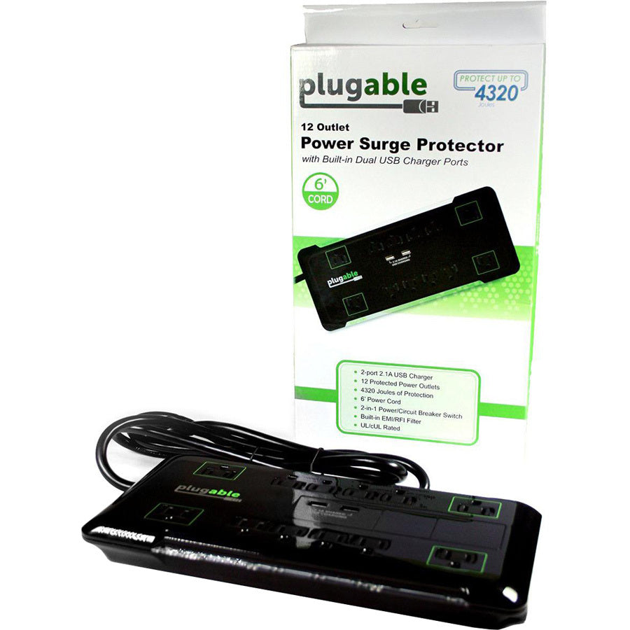 Plugable Surge Protector Power Strip With Usb And 12 Ac Outlets Ps12-Usb2B