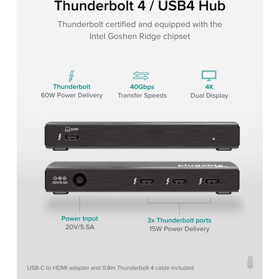 Plugable Thunderbolt 4 Hub, 4-in-1 Pure USB-C Design, Includes USB-C to 4K HDMI Adapter, Laptop Charging TBT4-HUB3C