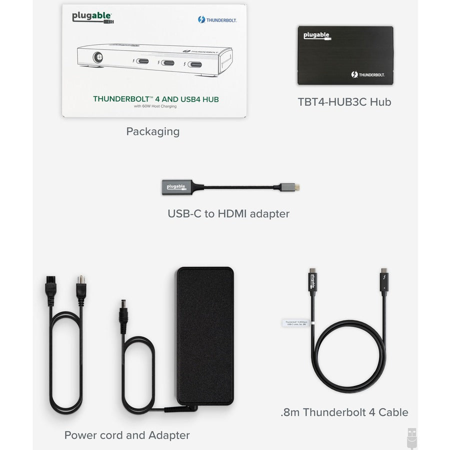 Plugable Thunderbolt 4 Hub, 4-in-1 Pure USB-C Design, Includes USB-C to 4K HDMI Adapter, Laptop Charging TBT4-HUB3C
