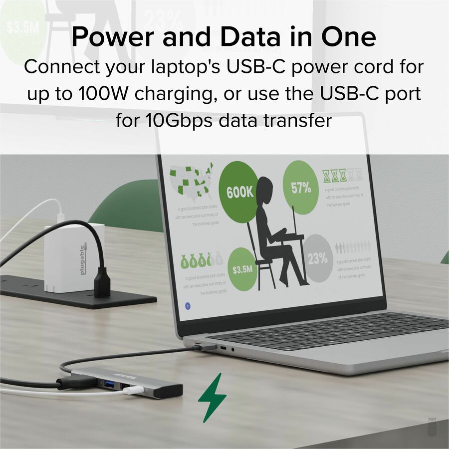 Plugable USB C Hub Multiport Adapter, 4 in 1, 100W Pass Through Charging, USB C to HDMI
