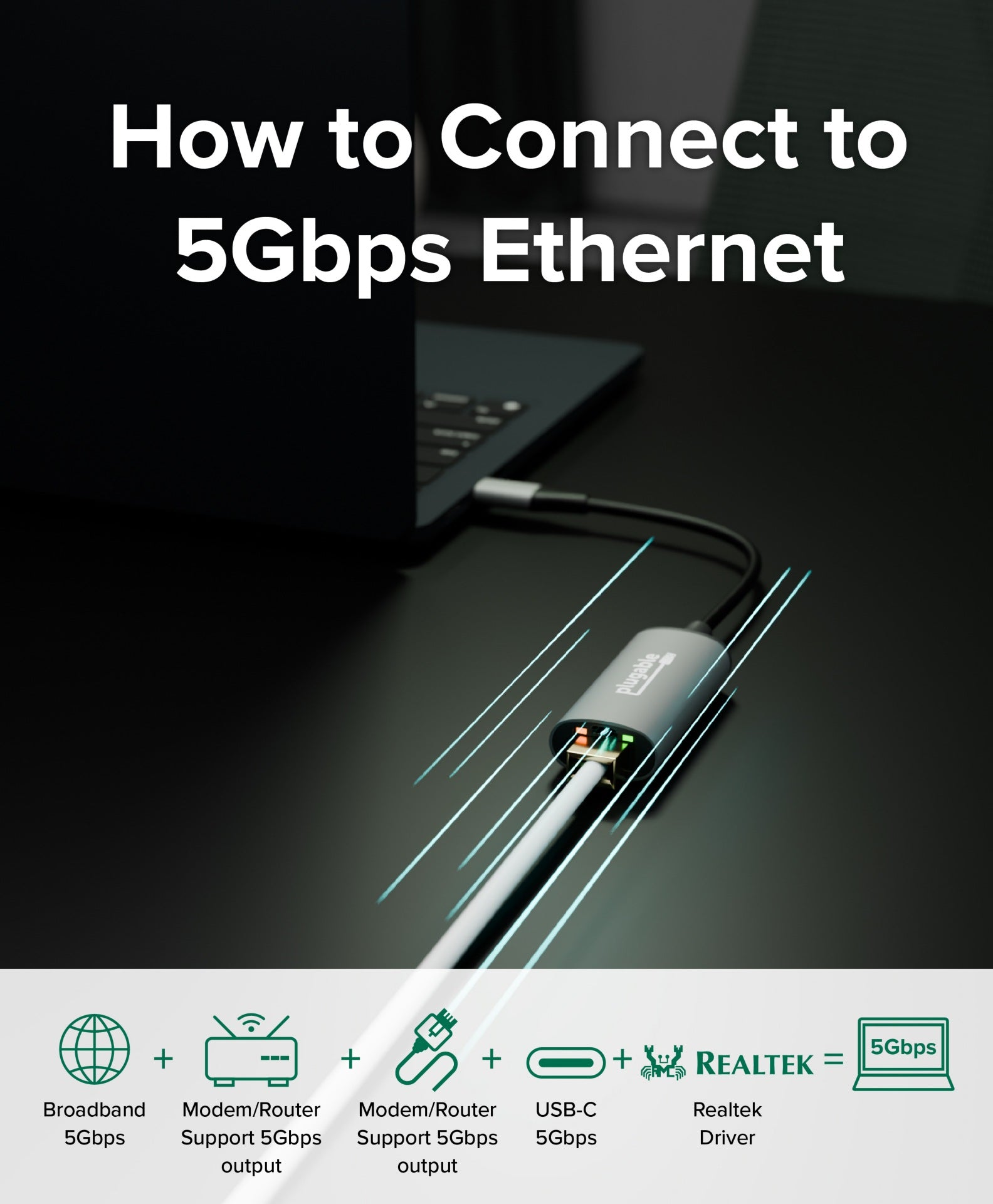 Plugable USB-C to 5GbE Ethernet Adapter USBC-E5000 Fast Wired Network for Pros