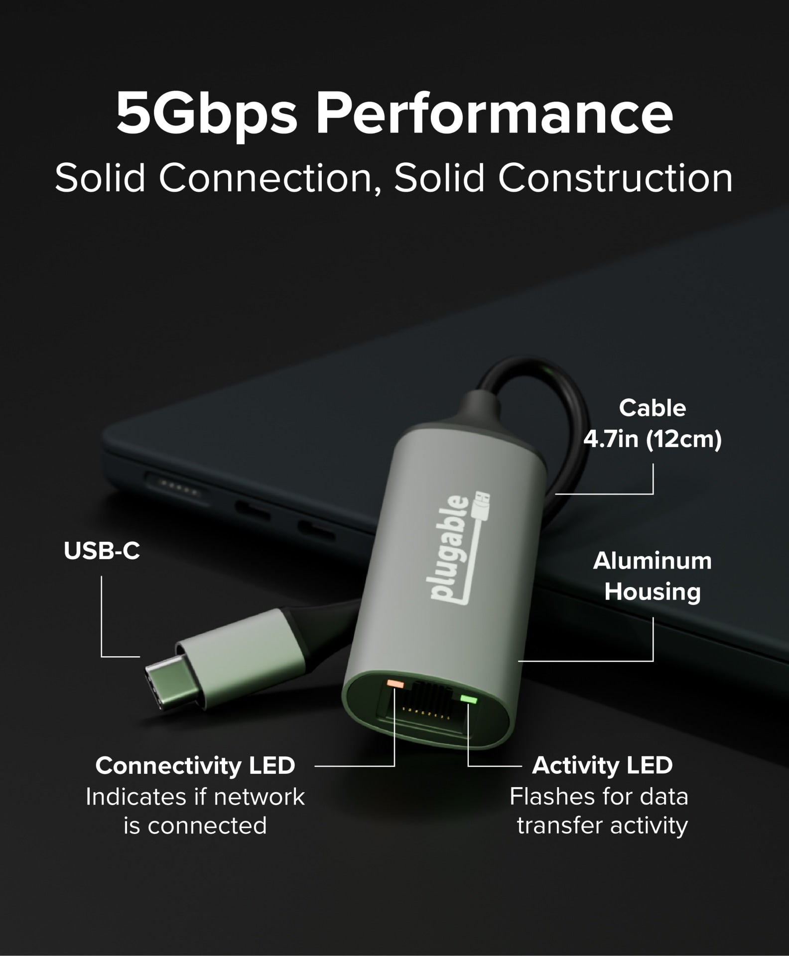 Plugable USB-C to 5GbE Ethernet Adapter USBC-E5000 Fast Wired Network for Pros