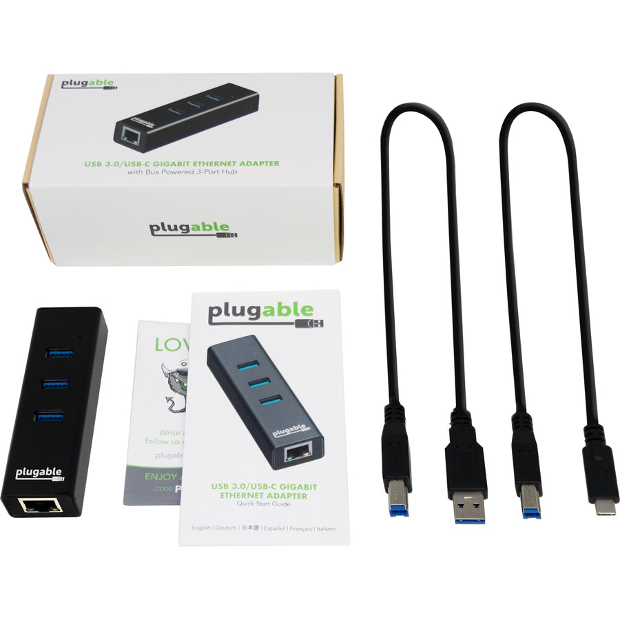 Plugable USB Hub with Ethernet, 3 port USB 3.0 Bus Powered Hub with Gigabit Ethernet USB3-HUB3ME