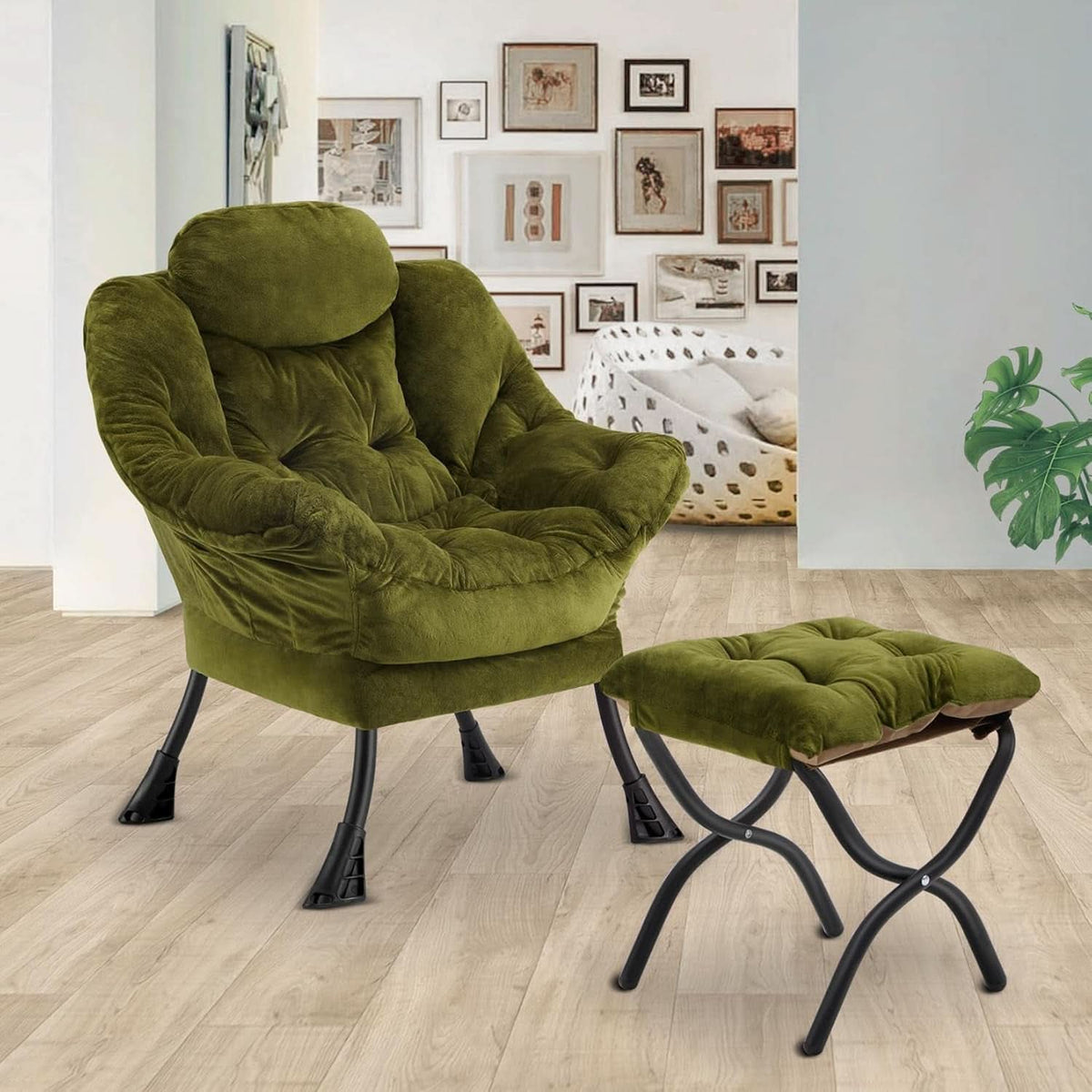 Plush Green Folding Ottoman Lounge Chair With Footrest