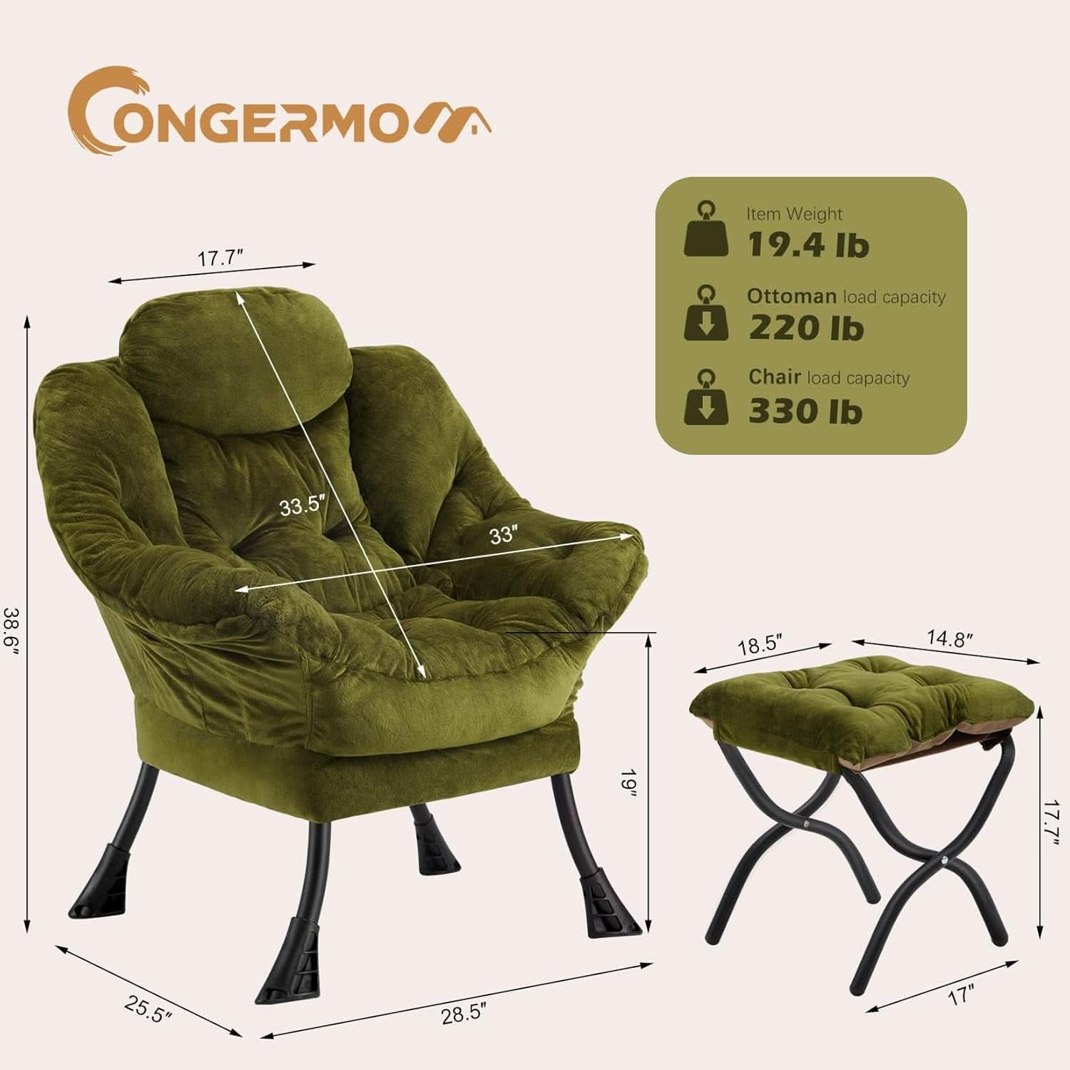 Plush Green Folding Ottoman Lounge Chair With Footrest