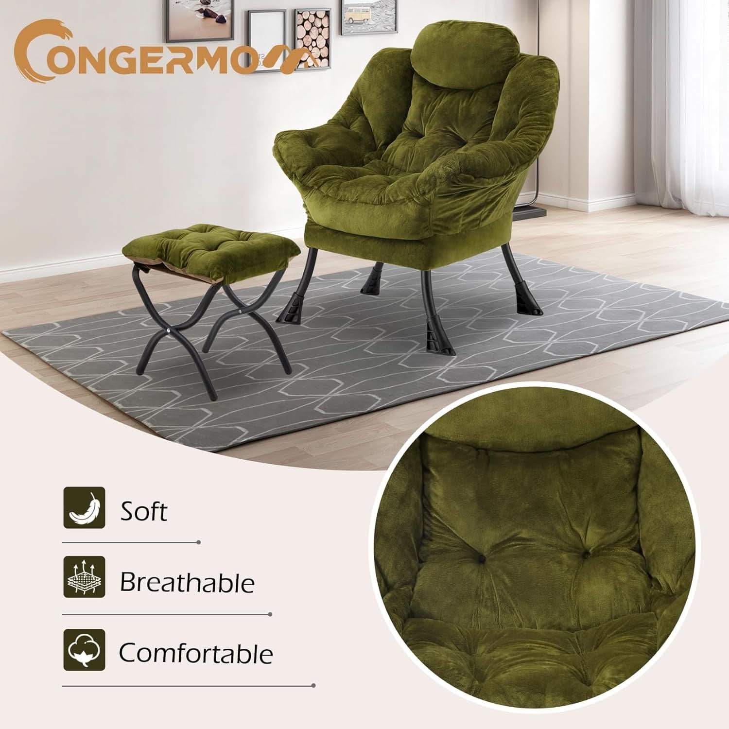 Plush Green Folding Ottoman Lounge Chair With Footrest