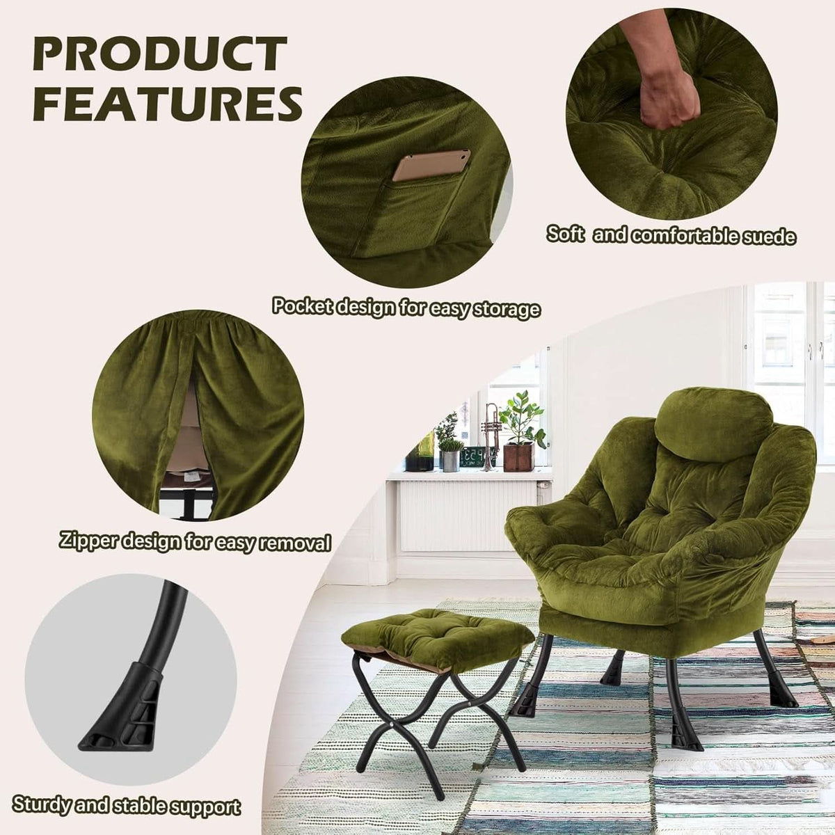 Plush Green Folding Ottoman Lounge Chair With Footrest