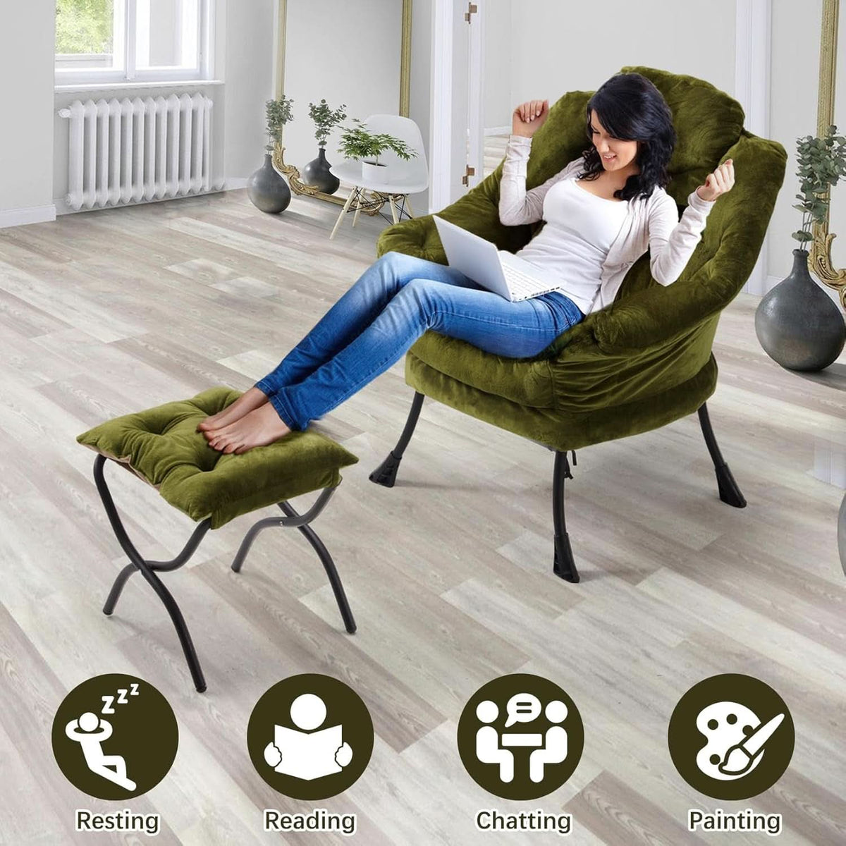 Plush Green Folding Ottoman Lounge Chair With Footrest