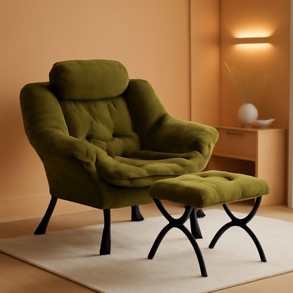 Plush Green Folding Ottoman Lounge Chair With Footrest