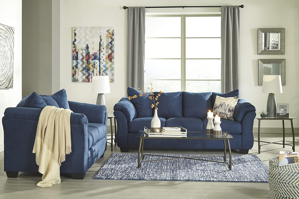 Plush Loveseat Dark Blue Polyester Upholstery Modern Living Room Sofa