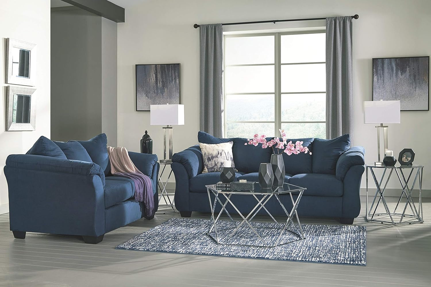 Plush Loveseat Dark Blue Polyester Upholstery Modern Living Room Sofa