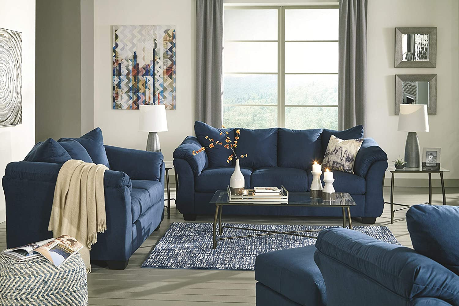 Plush Loveseat Dark Blue Polyester Upholstery Modern Living Room Sofa