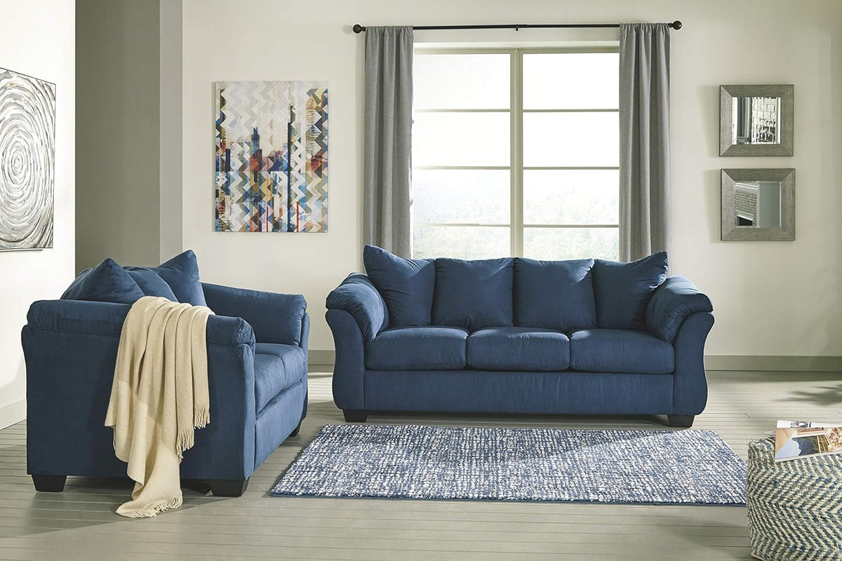 Plush Loveseat Dark Blue Polyester Upholstery Modern Living Room Sofa