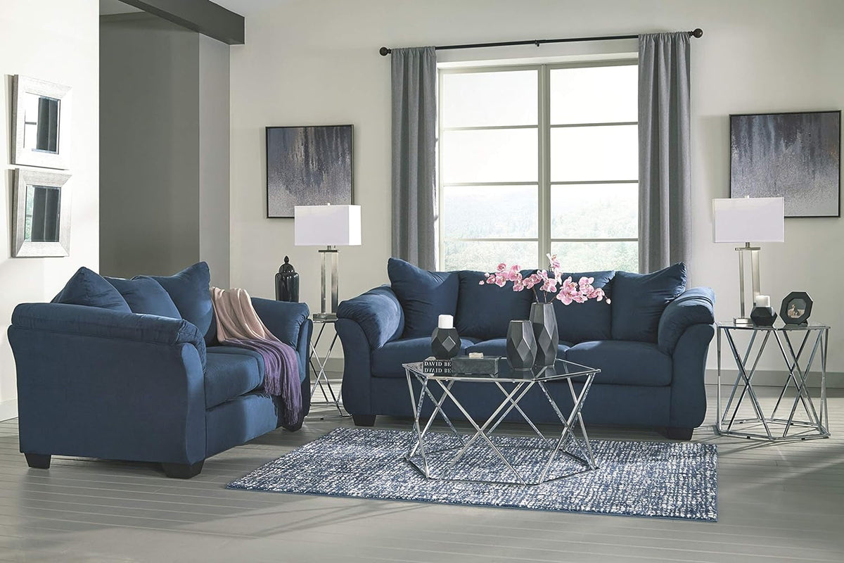 Plush Loveseat Dark Blue Polyester Upholstery Modern Living Room Sofa