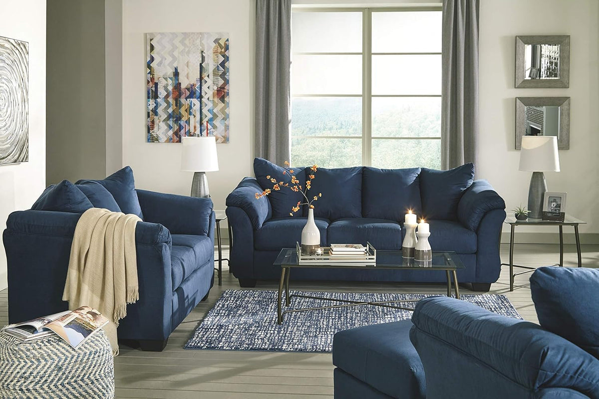 Plush Loveseat Dark Blue Polyester Upholstery Modern Living Room Sofa