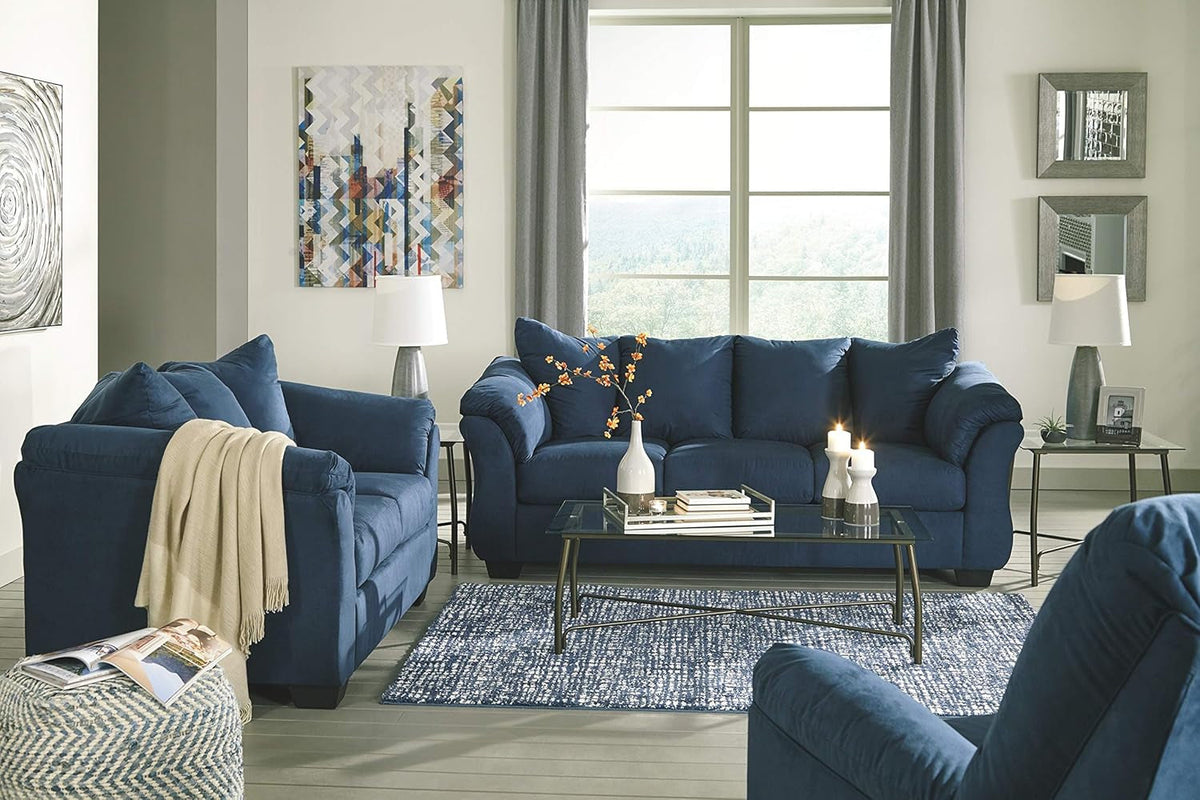 Plush Loveseat Dark Blue Polyester Upholstery Modern Living Room Sofa