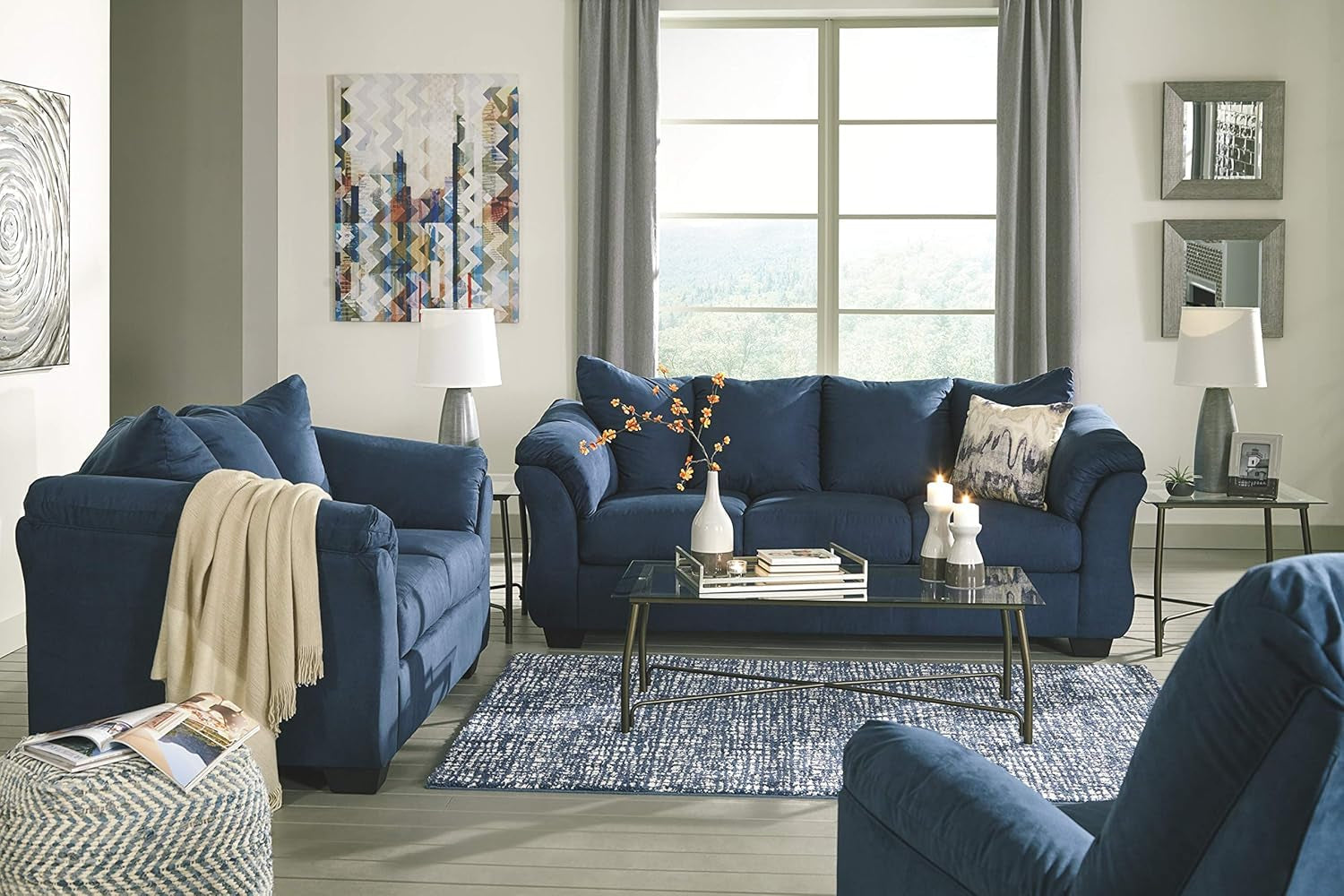 Plush Loveseat Dark Blue Polyester Upholstery Modern Living Room Sofa