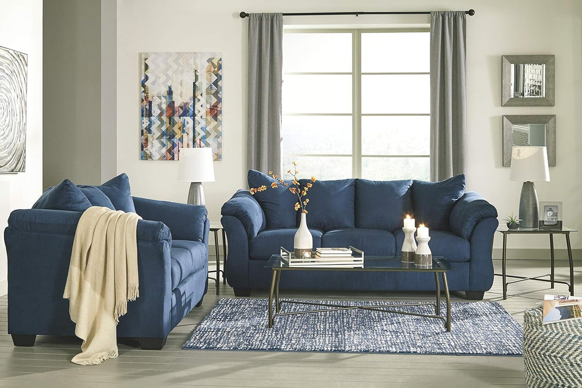 Plush Loveseat Dark Blue Polyester Upholstery Modern Living Room Sofa