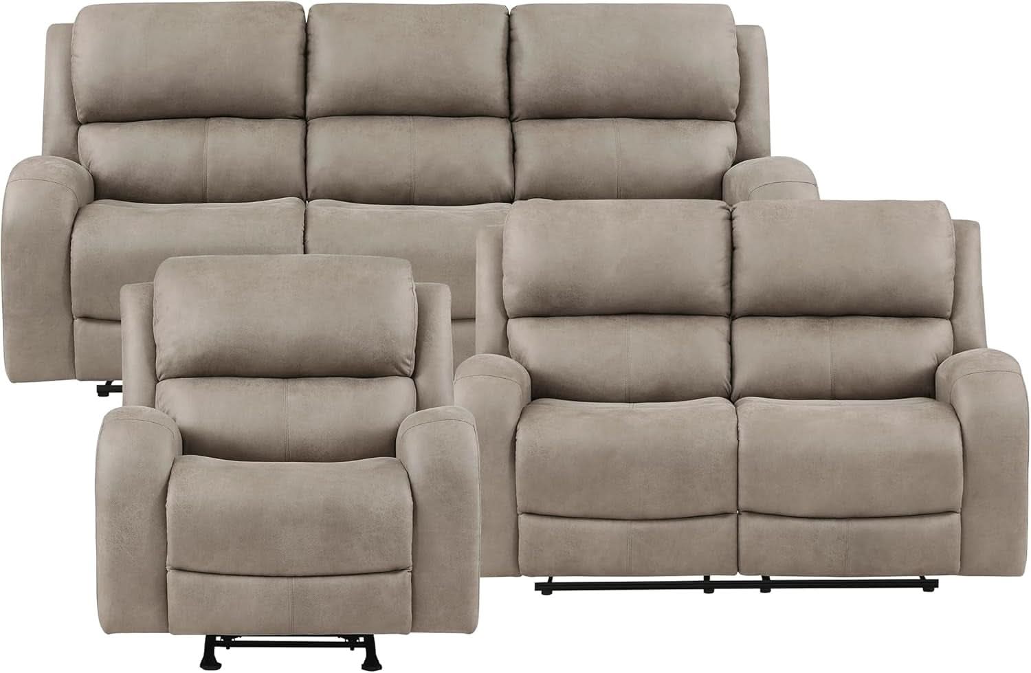 Polished Microfiber Manual Reclining Sofa Set Brown 3 Piece