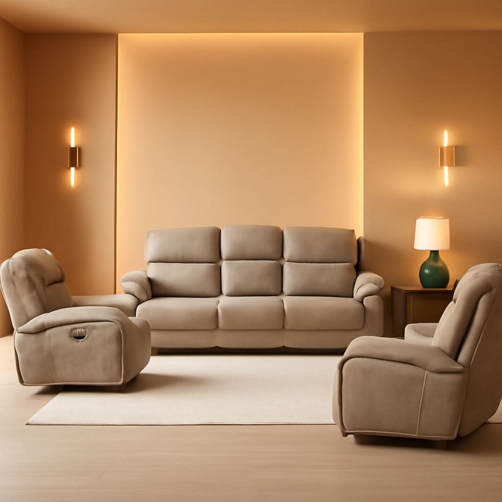 Polished Microfiber Manual Reclining Sofa Set Brown 3 Piece