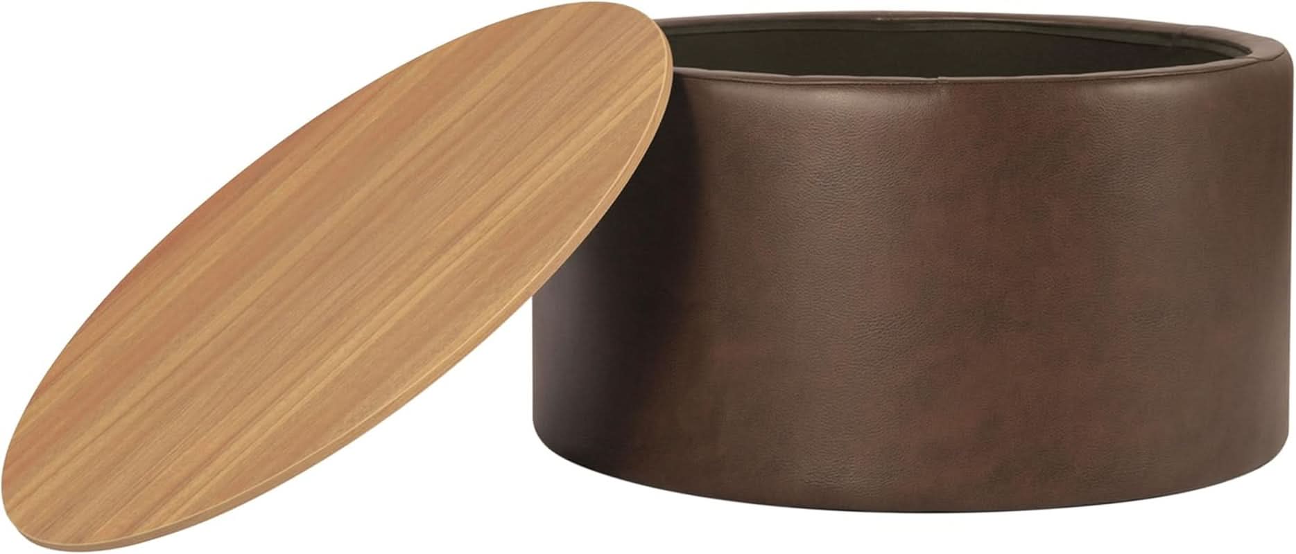 Polyester Upholstered Brown Wood Top Storage Ottoman