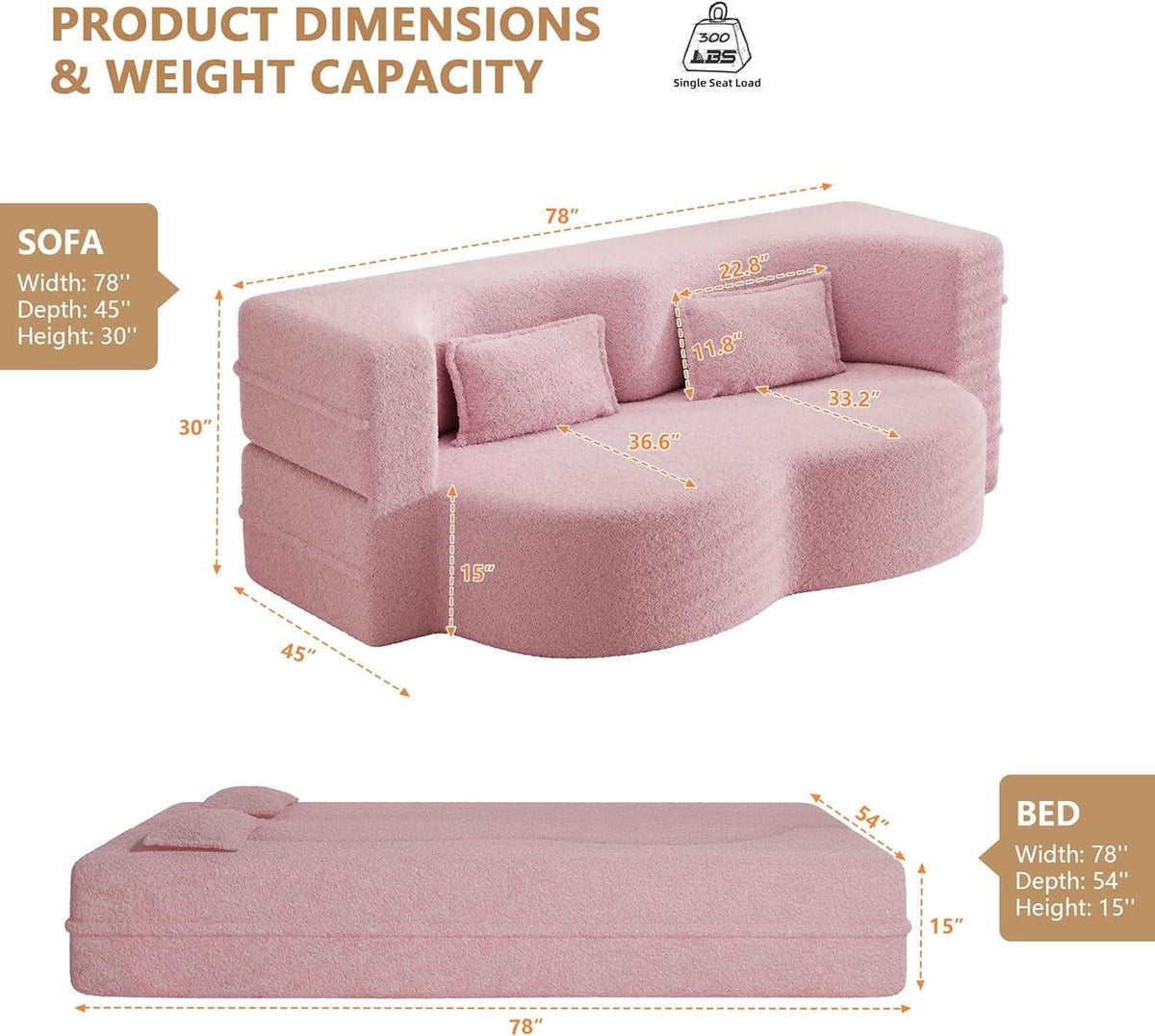 Powder Pink Ultra Comfort Contemporary Foldable Sleeper Sofa
